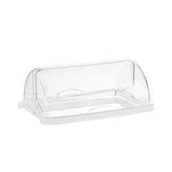 Expositor individual de plástico transparente y blanco para pastelería