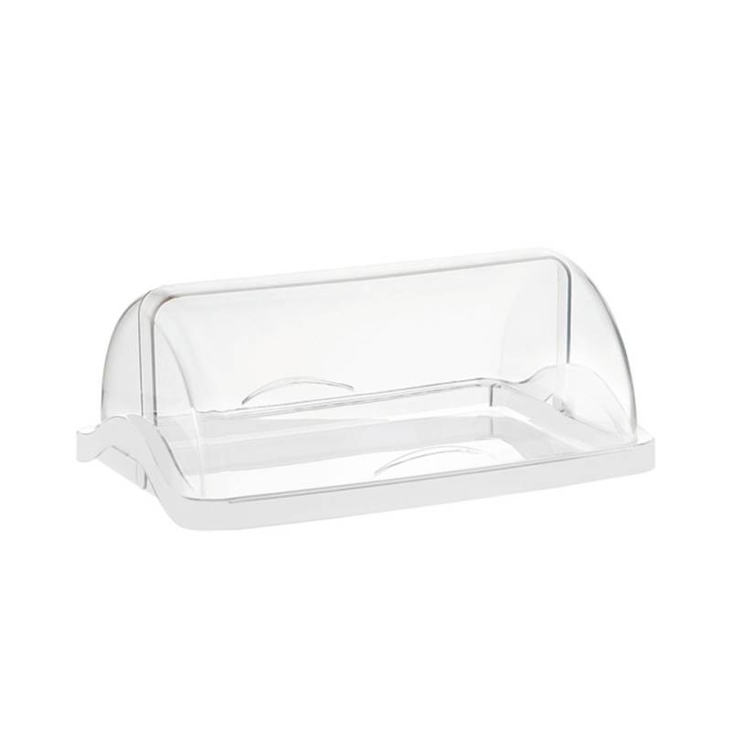 Expositor individual de plástico transparente y blanco para pastelería