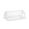 Expositor individual de plástico transparente y blanco para pastelería