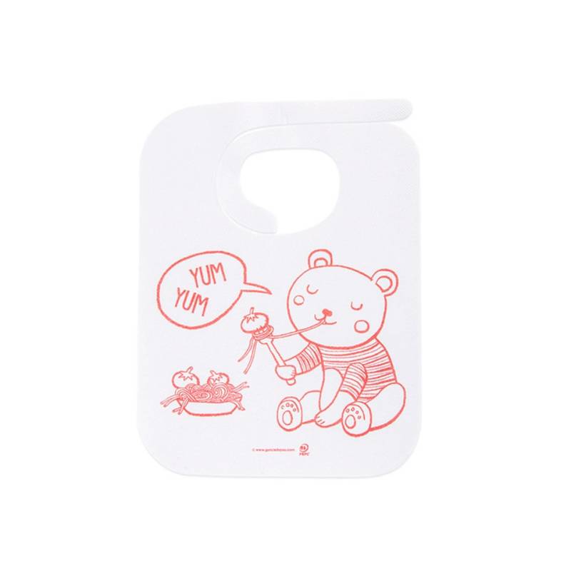Bavoir Yum Yum en blanc ajouré avec ours rouge 31x23 cm