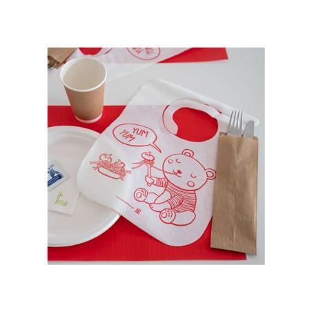 Bavoir Yum Yum en blanc ajouré avec ours rouge 31x23 cm