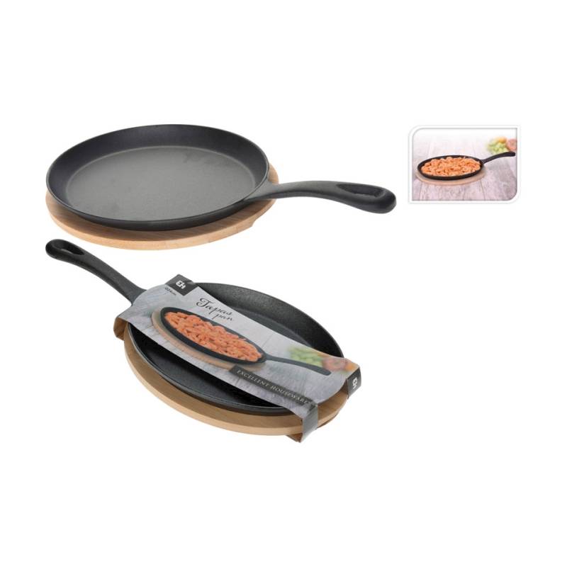 Cuisinière à poignée en fonte avec base en bois