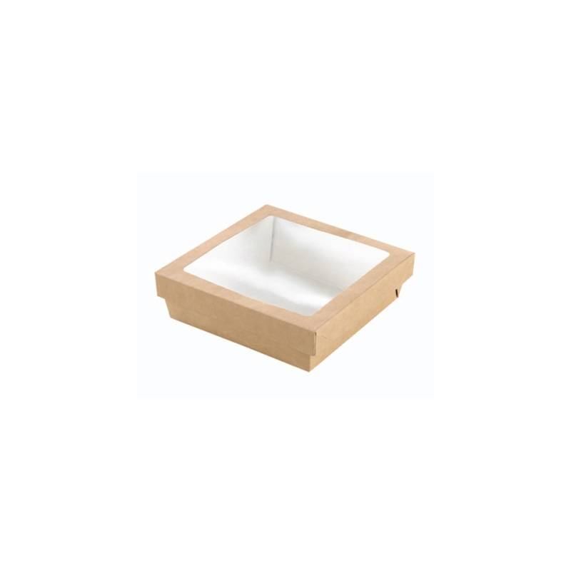 Caja desechable de cartón marrón para alimentos con tapa con ventana cm 22,5x22,5x8
