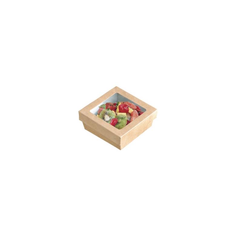 Caja de cartón marrón desechable para alimentos con tapa con ventana 11,5x11,5x4,5 cm