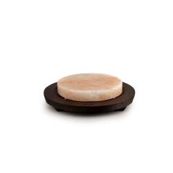 Assiette ronde à sel rose avec base en bois de wengé 20x3cm