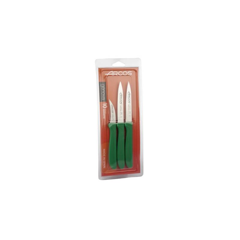Juego de 3 cuchillos de acero inoxidable Arcos Génova con mango verde