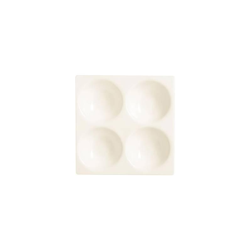 Plato de aperitivo de porcelana blanca de 4 compartimentos 14x14 cm