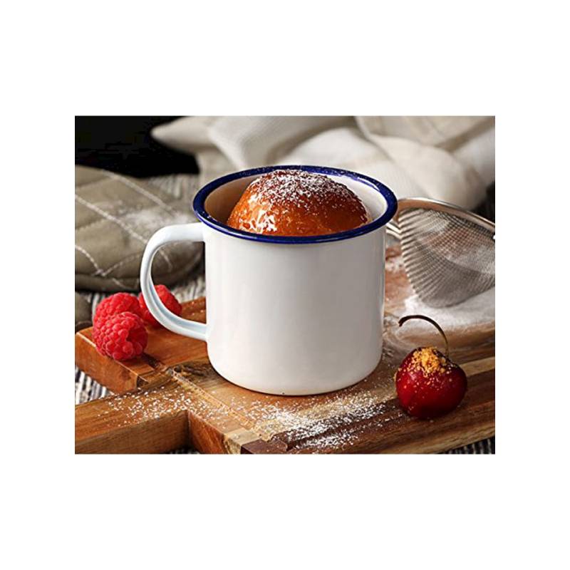 Grande tasse en métal émaillé blanc et bleu cl 53