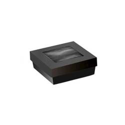 Caja para alimentos desechable de cartón negro con tapa con ventana 13,5x13,5x5 cm