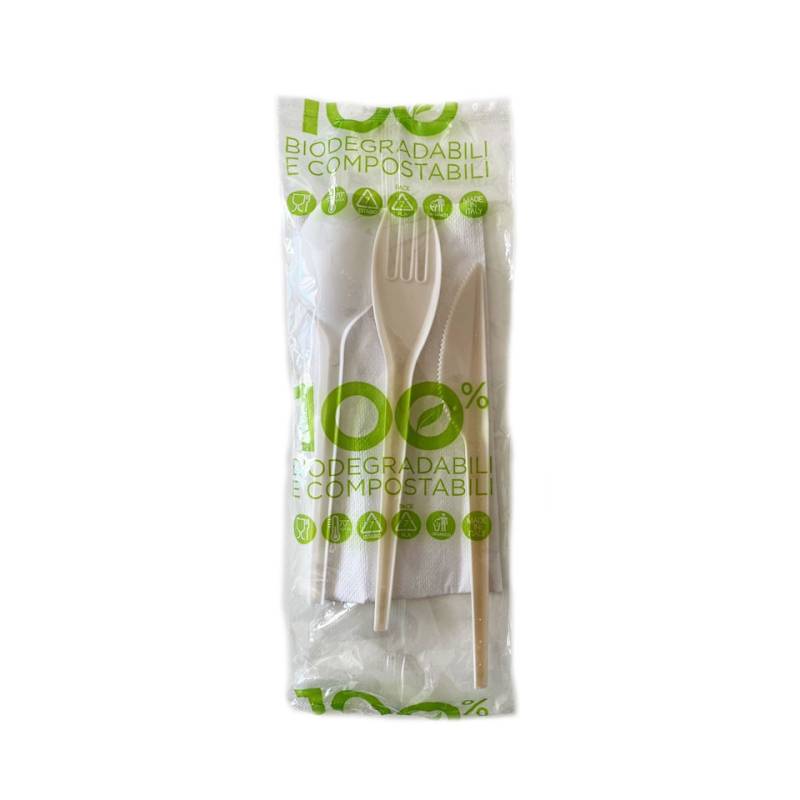 Set de couverts Midi en estabio ivoire avec serviette en papier et emballage plastique