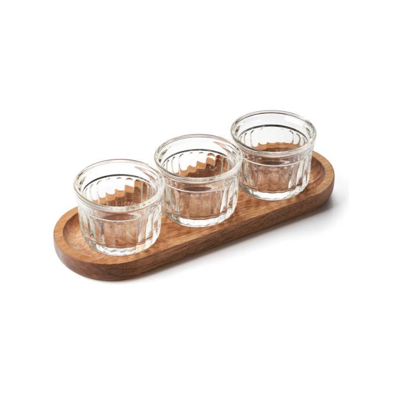 Juego de 3 copas de cristal Delice cl 10 con bandeja de madera cm 25x9