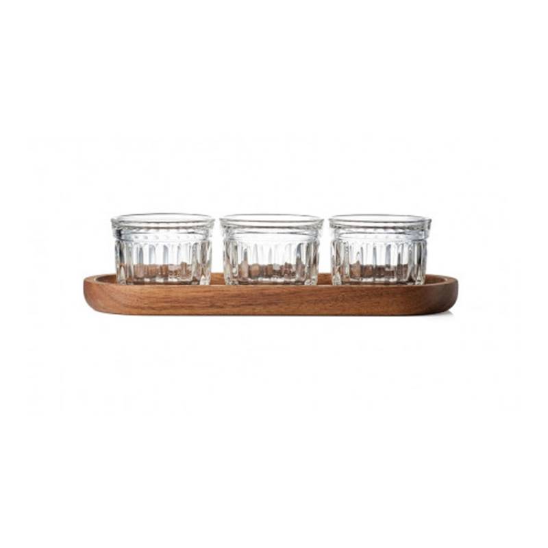 Juego de 3 copas de cristal Delice cl 10 con bandeja de madera cm 25x9