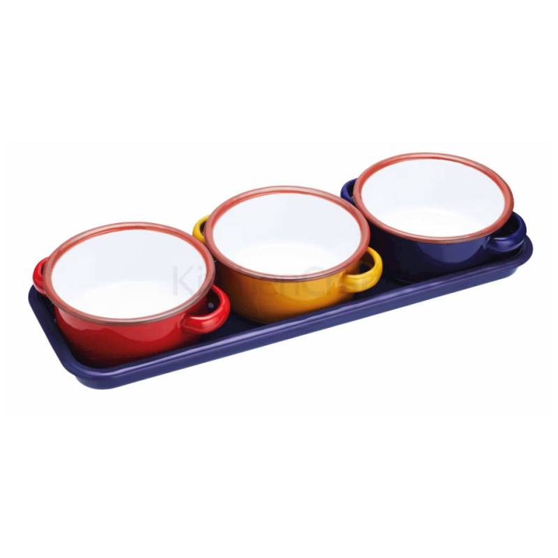 Set de 3 mini-casseroles avec plateau en acier émaillé en couleurs assorties