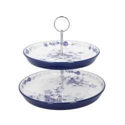 Porte-gâteau à 2 étages en porcelaine blanche et bleue Blue Rose Cake