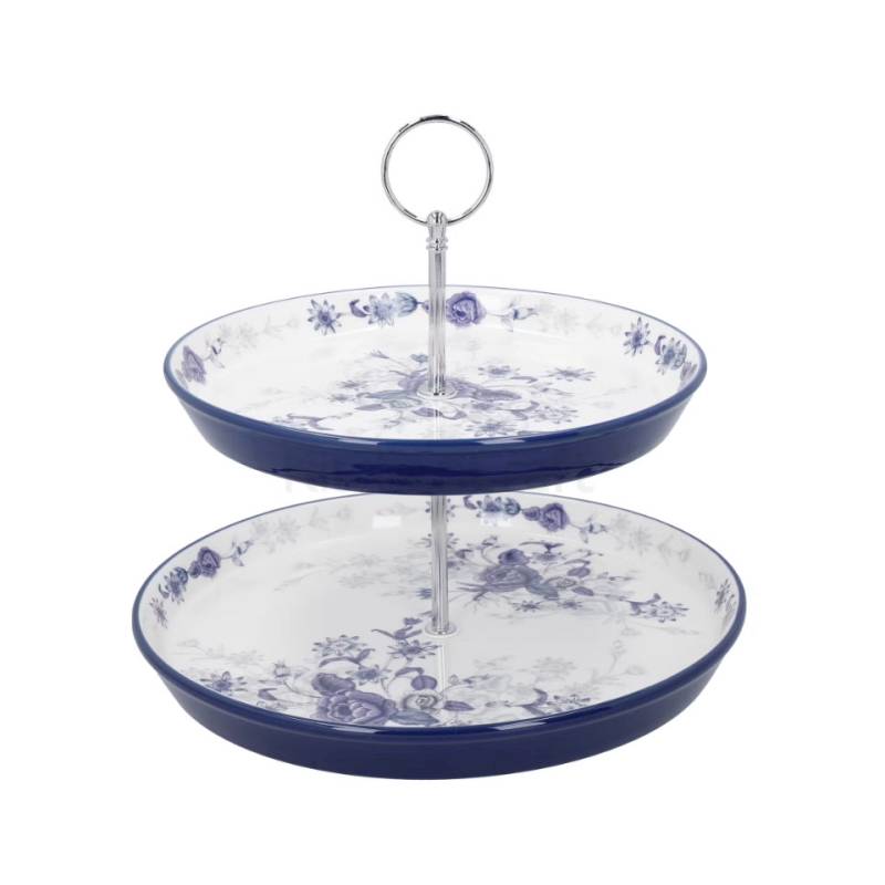 Porte-gâteau à 2 étages en porcelaine blanche et bleue Blue Rose Cake