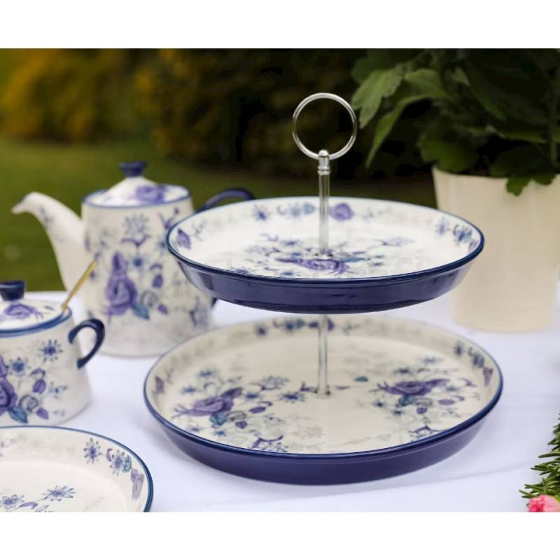 Porte-gâteau à 2 étages en porcelaine blanche et bleue Blue Rose Cake