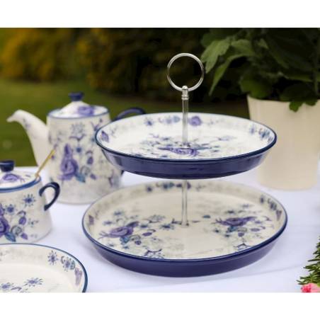 Porte-gâteau à 2 étages en porcelaine blanche et bleue Blue Rose Cake