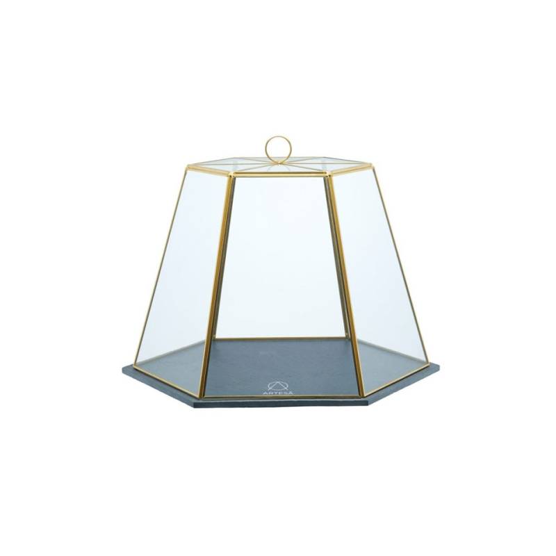 Plateau hexagonal en ardoise avec dôme hexagonal en verre cm 40