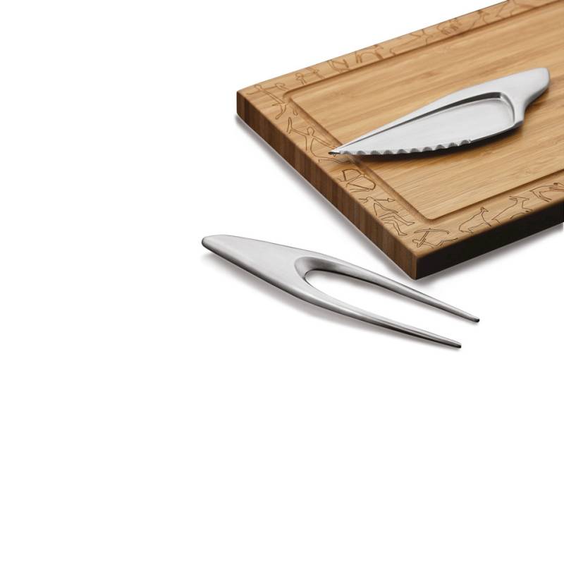 Set Silex préhistorique avec planche à découper, fourchette et couteau