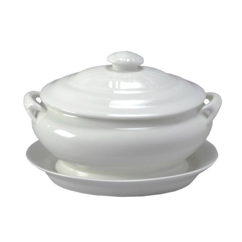 Sopera oval con tapa y plato de porcelana blanca lt 2