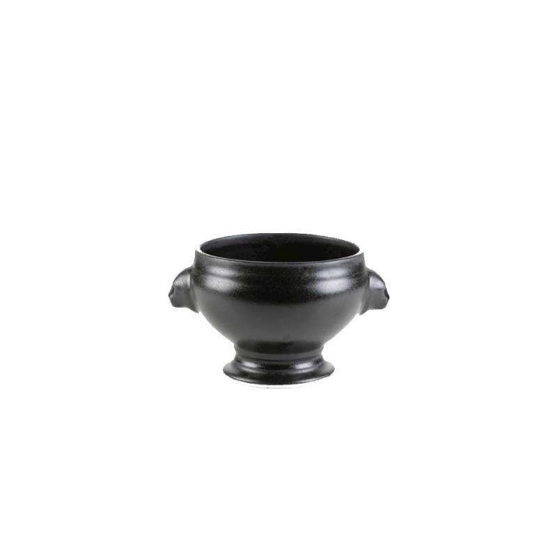 Soupière tête de lion en porcelaine noire effet fonte cl 35