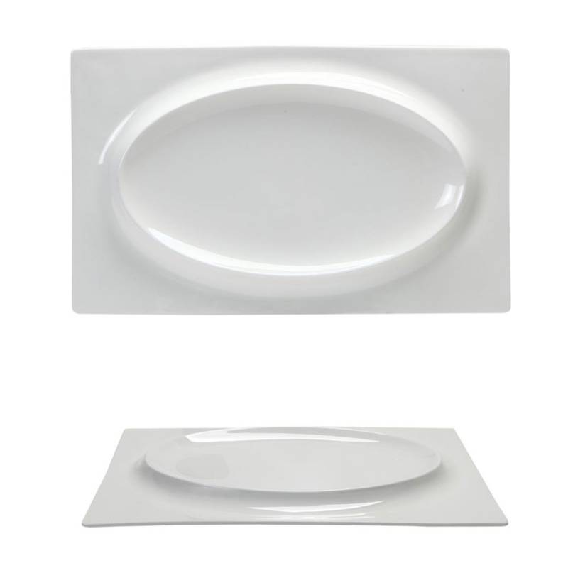 Plato rectangular de porcelana blanca phoemics con relieve oval 30,5x19 cm