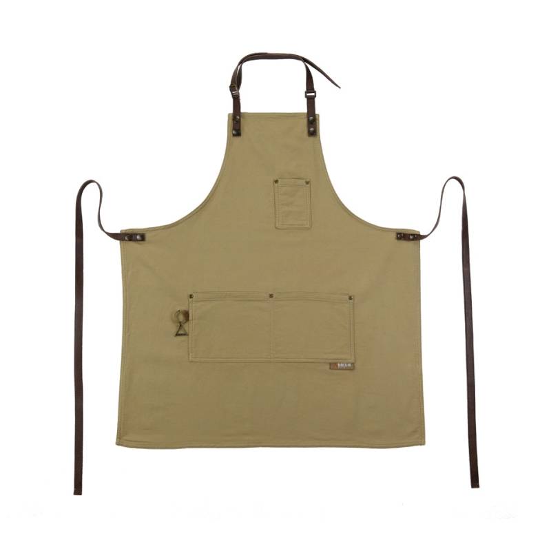 Tablier avec bavette et poche Airone en coton beige et passepoil en cuir cm 68x78
