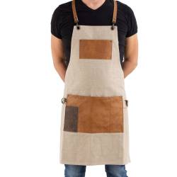 Tablier avec bavette et pochette Toile Ciosso beige avec passepoil en cuir 68x78 cm