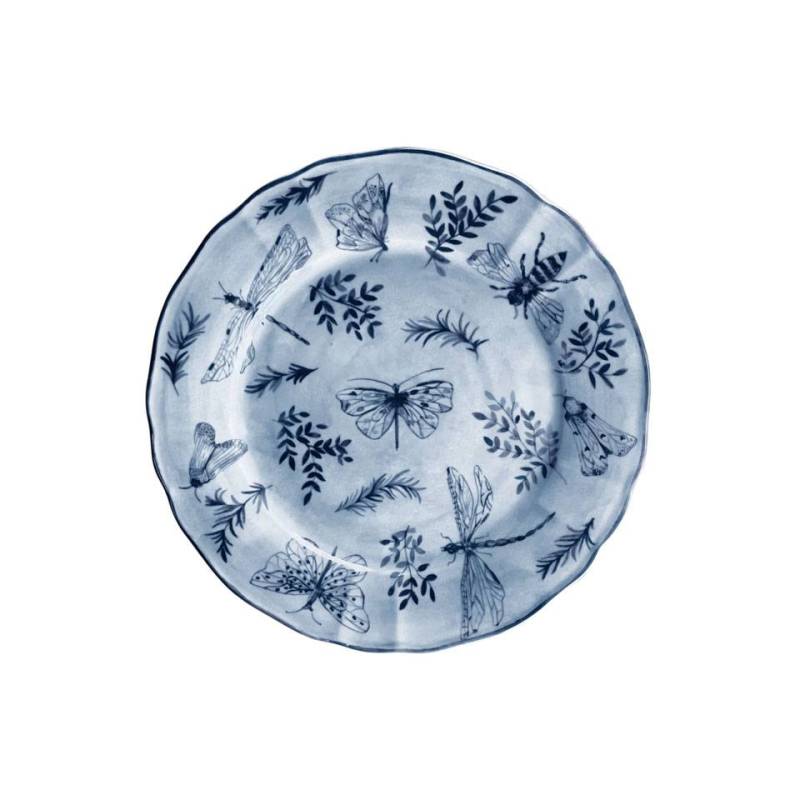 Plato llano de porcelana azul y blanca Sonia Blue con decoración de mariposas 28 cm
