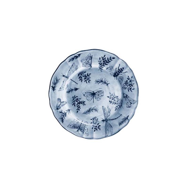 Plato llano de porcelana azul y blanca con decoración de mariposas Sonia Blue 22 cm
