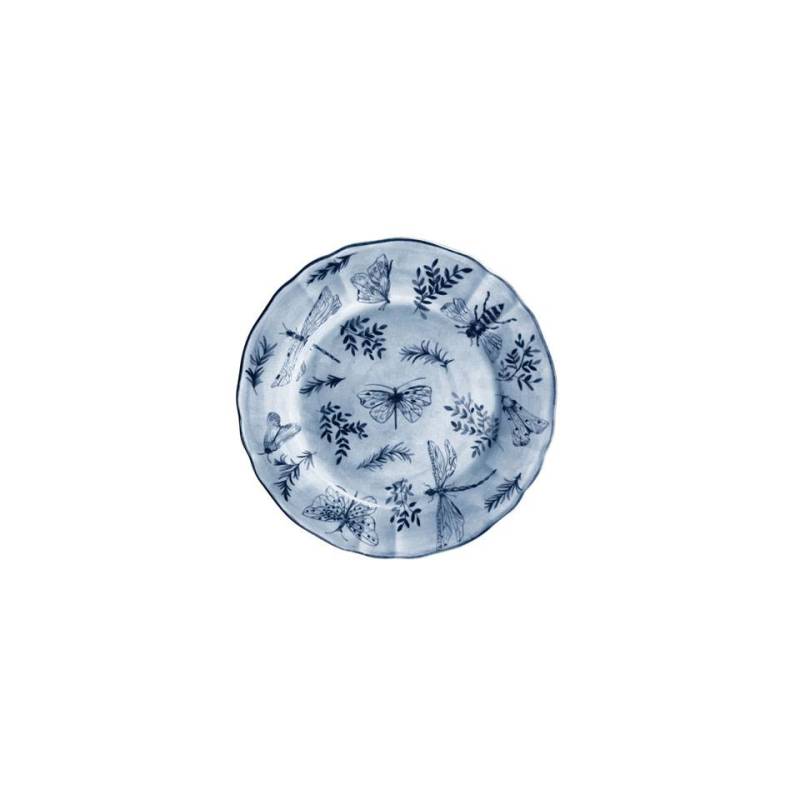 Assiette plate Sonia Blue en porcelaine blanche et bleue avec décor de papillons 17 cm