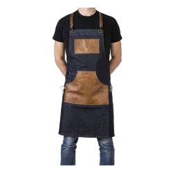 Grembiule con pettorina e tasca Canapiglia in jeans e profili in pelle cm 70x80