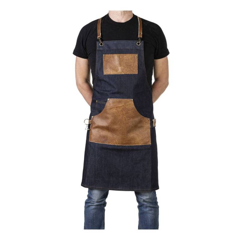 Delantal con peto y bolsillo Canapiglia en tejido vaquero y ribete de cuero cm 70x80