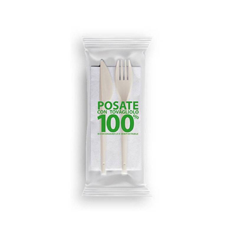 Cubertería biodegradable Midi con servilleta