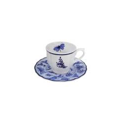 Sonia Blue Tasse à café et assiette en porcelaine blanche et bleue avec décor de papillons cl 10