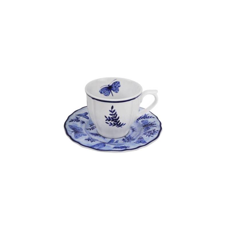 Sonia Blue Tasse à café et assiette en porcelaine blanche et bleue avec décor de papillons cl 10