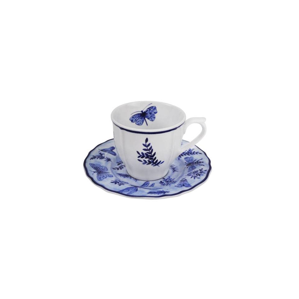 Sonia Blue Tasse à café et assiette en porcelaine blanche et bleue avec décor de papillons cl 10