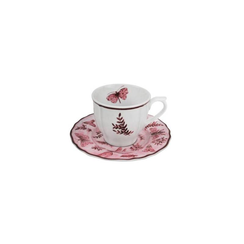 Sonia Pink Tasse et assiette à café en porcelaine blanche et rose avec décoration papillon cl 10