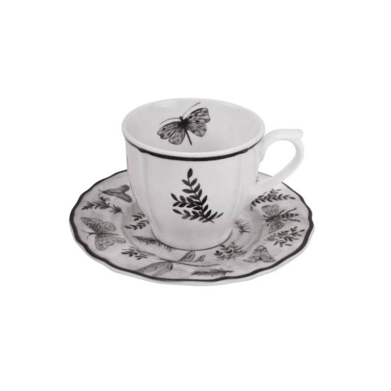 Taza y plato de té de porcelana blanca y negra Sonia Black con decoración de mariposas cl 20
