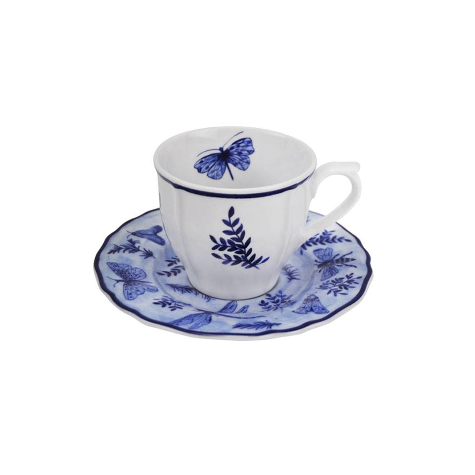 Tasse à thé et assiette Sonia Blue en porcelaine blanche et bleue à décor de papillons cl 20