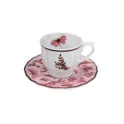 Tasse et assiette à thé en porcelaine blanche et rose Sonia Pink avec décor de papillons cl 20
