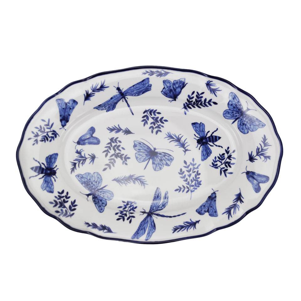 Sonia Blue Plateau ovale en porcelaine blanche et bleue avec décoration papillon 36x25 cm