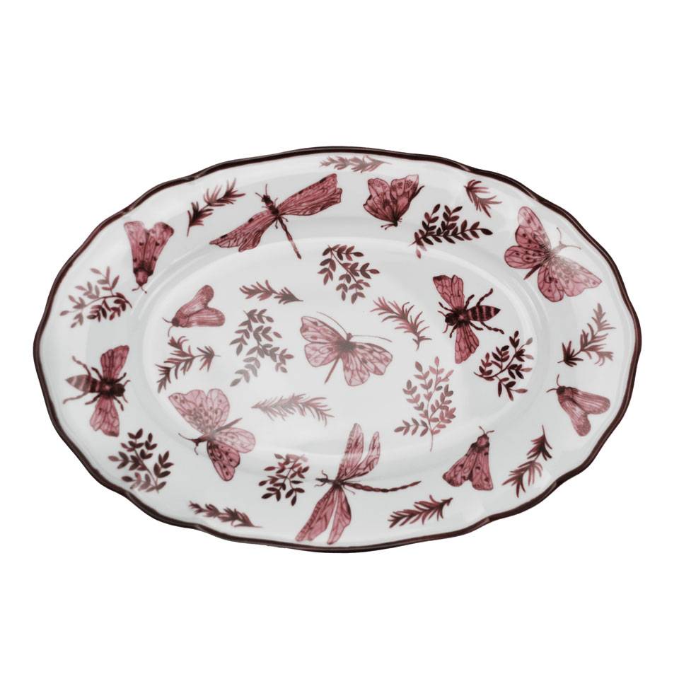 Sonia Plateau ovale en porcelaine blanche et rose avec décoration papillon 36x25 cm