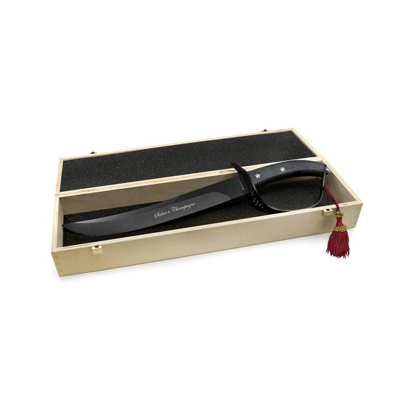 Sabre de sommelier avec manche en chêne et support en boîte noire cm 51