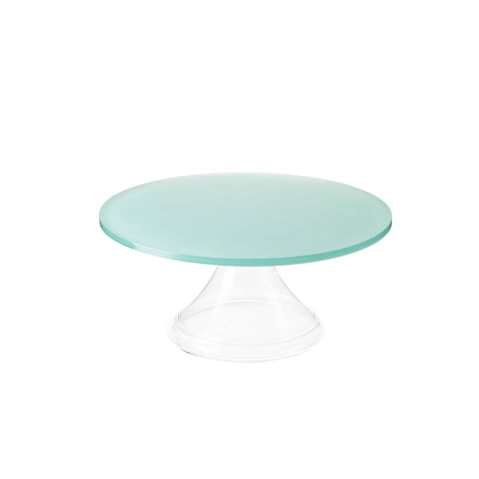 Porte-gâteau en satin vert et pmma transparent 32,5x14 cm