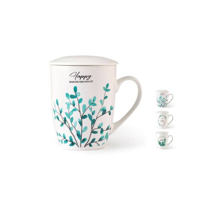 Taza de té de hierbas botánico con filtro en porcelana con decoraciones surtidas cl 35
