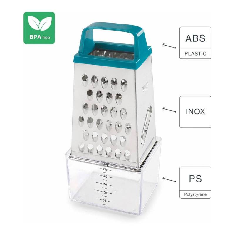 Râpe à 4 faces avec récipient en acier inoxydable et en plastique