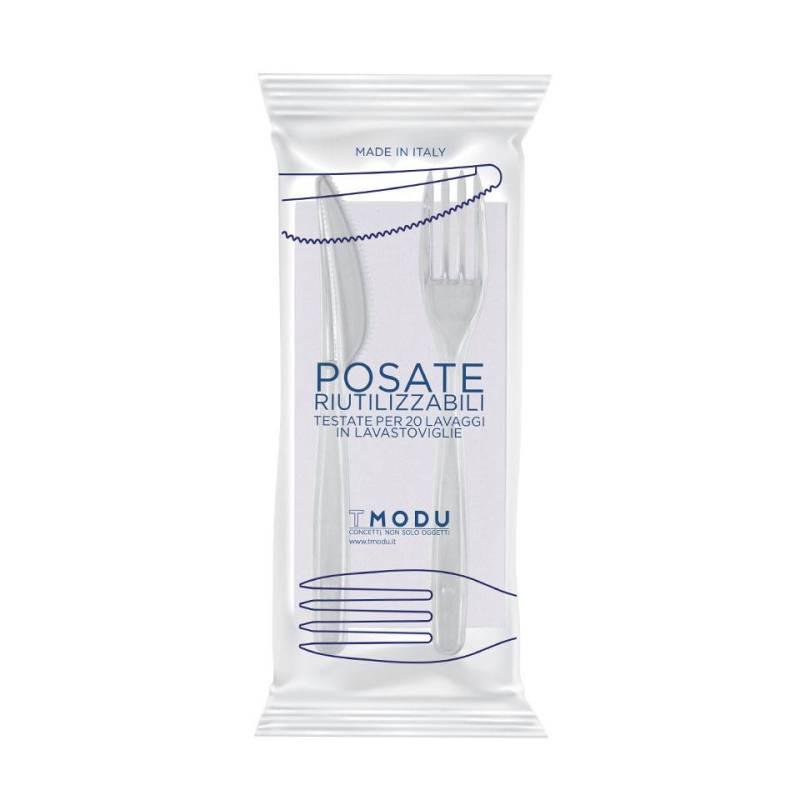 Set de couverts en plastique transparent avec serviette blanche